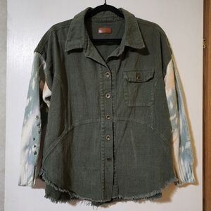 Olive Green Distressed Button-Up Jacket with Patterned Sleeves